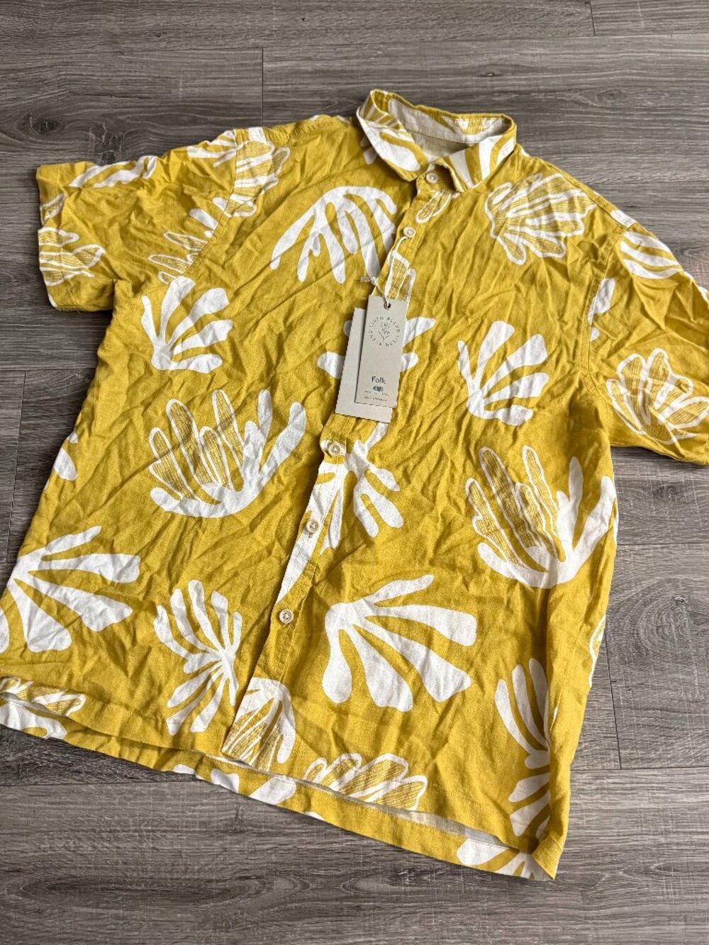 NWT Folk Camp Shirt Henno Gold Short Sleeve Button Linen Blend Hawiian Size S